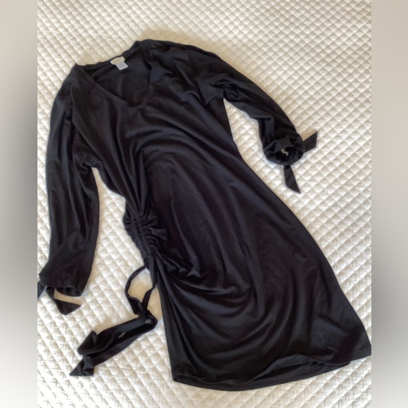 Cache Asymmetrical Ruched Side Open Sleeve Jersey Black Dress L - Picture 12 of 13